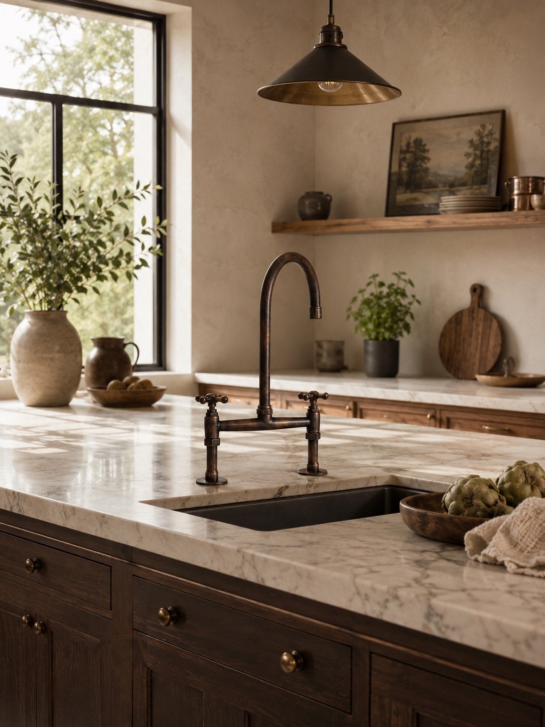 Polished chrome bridge faucet for kitchen sink installation