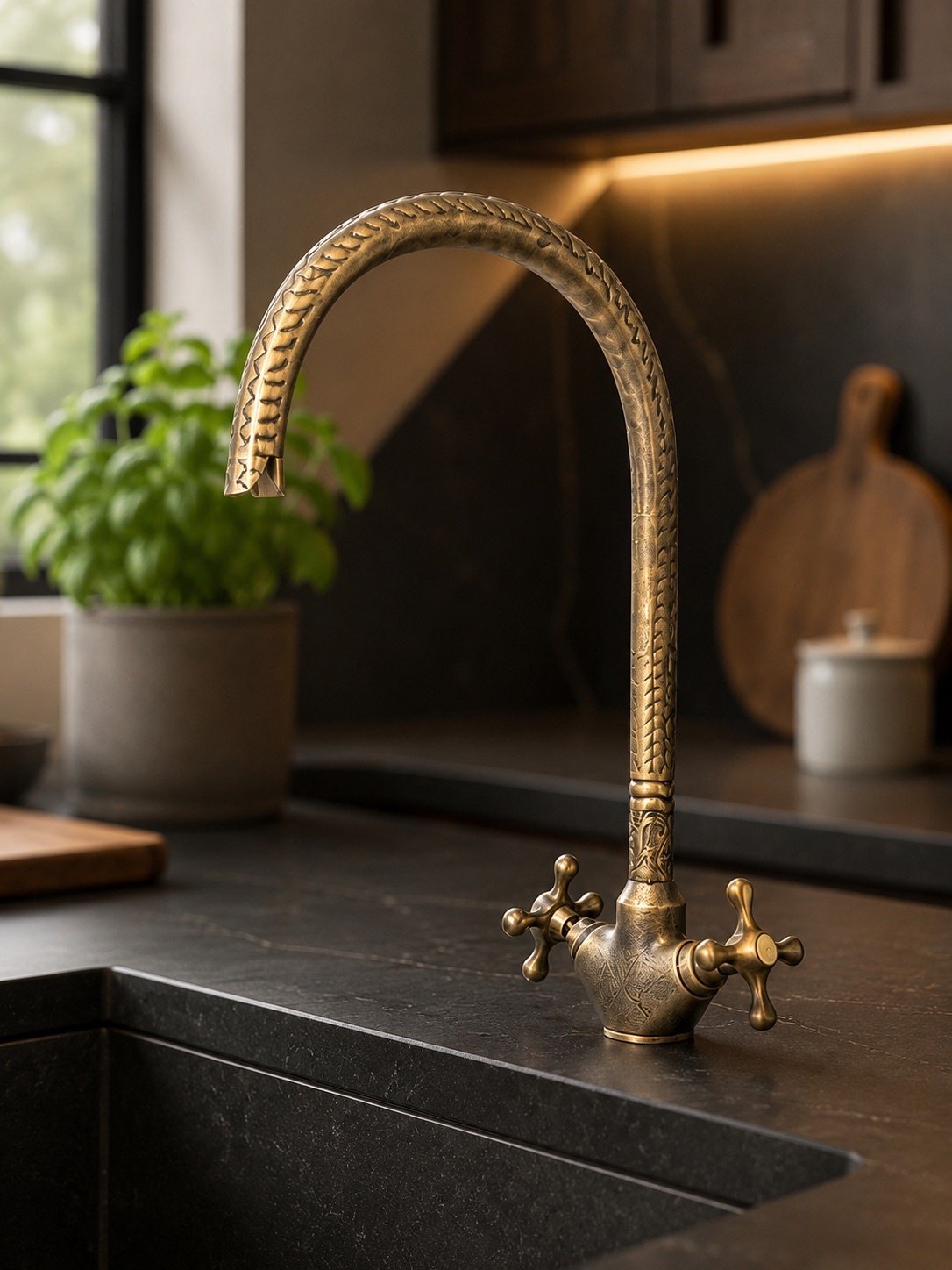 Handmade brass faucet paired with an artisan Moroccan bathroom sink