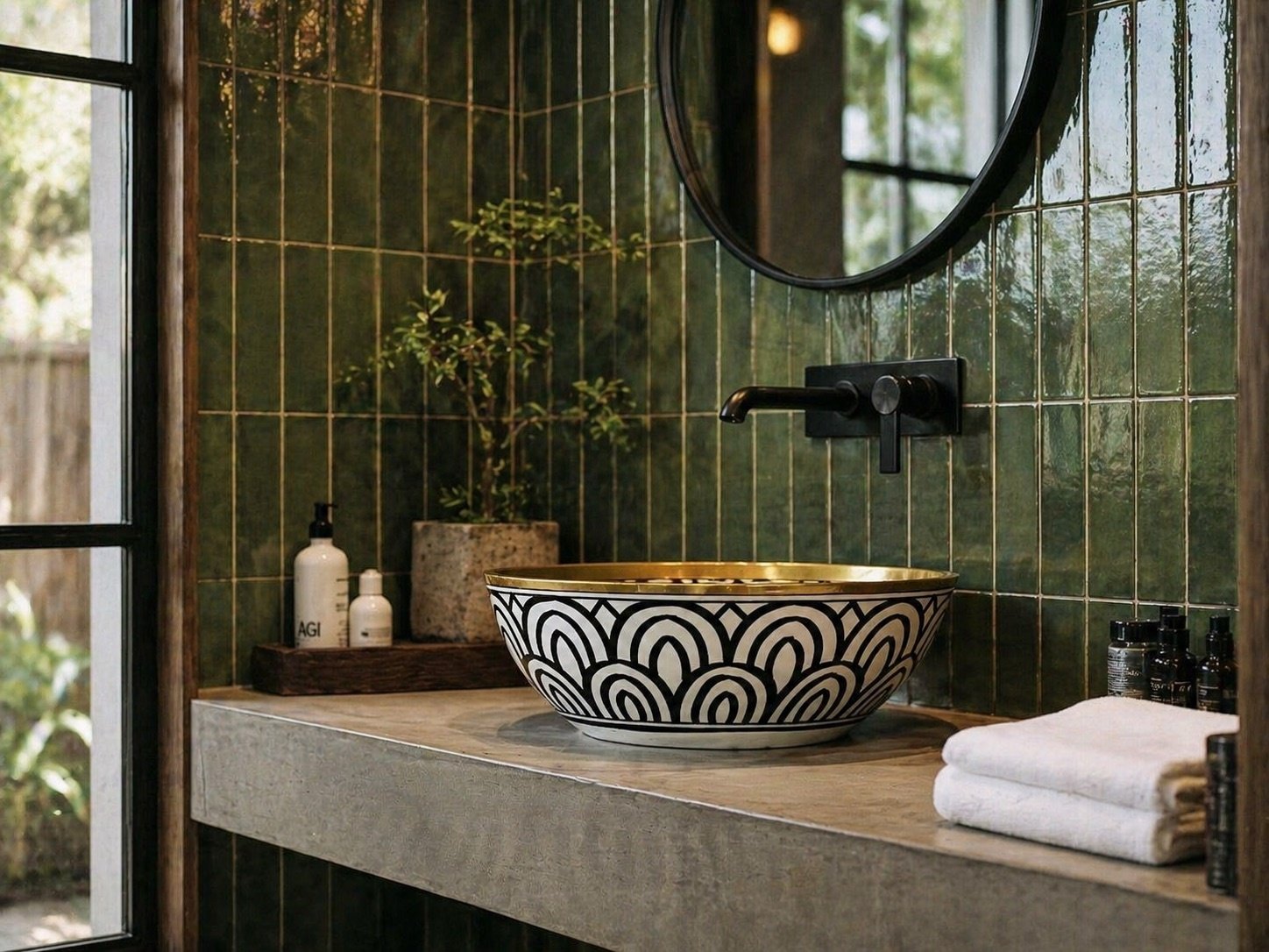 Ceramic vessel sink with gold rim and black white pattern