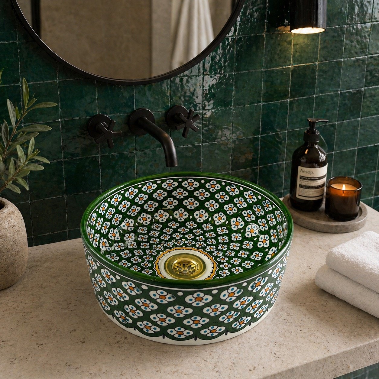 Ceramic Vessel Sink Green Floral Handmade Moroccan Bathroom Sink - Image 2