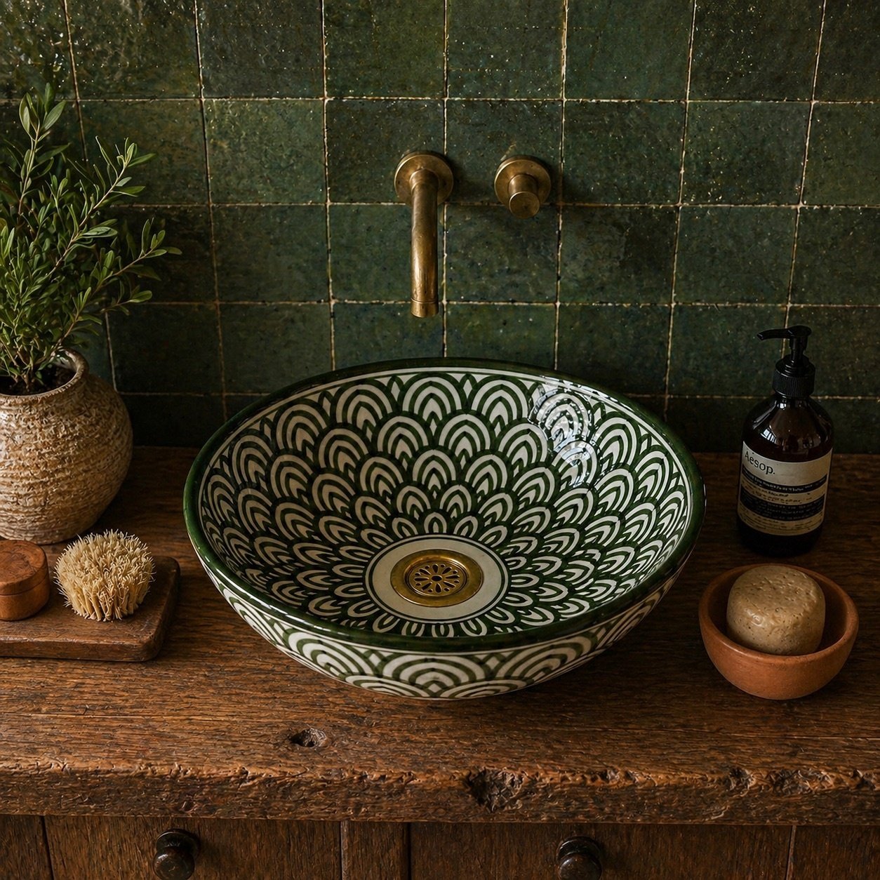 Ceramic Vessel Sink Green Moroccan Handmade Bathroom Sink - Image 4