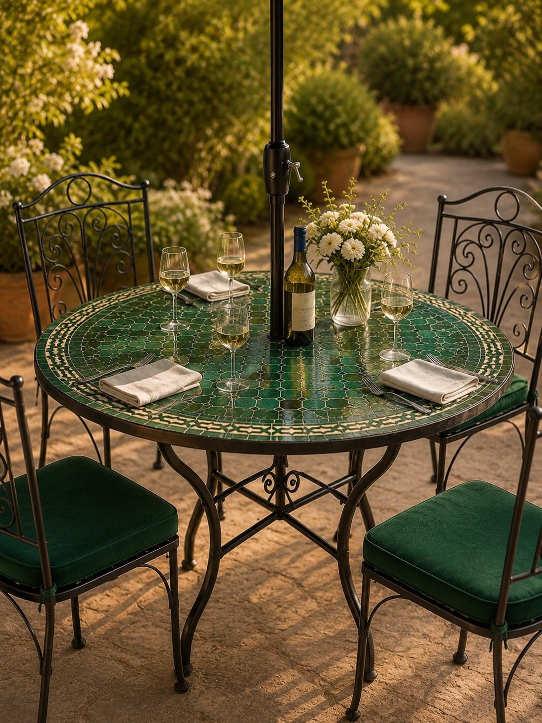 Mosaic Outdoor Table with Wrought Iron Chairs | Green table mosaic - Image 5