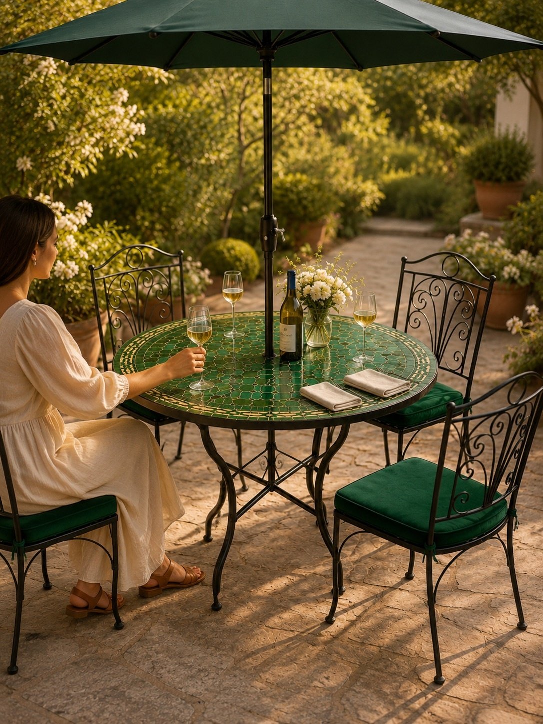Mosaic Outdoor Table with Wrought Iron Chairs | Green table mosaic - Image 6