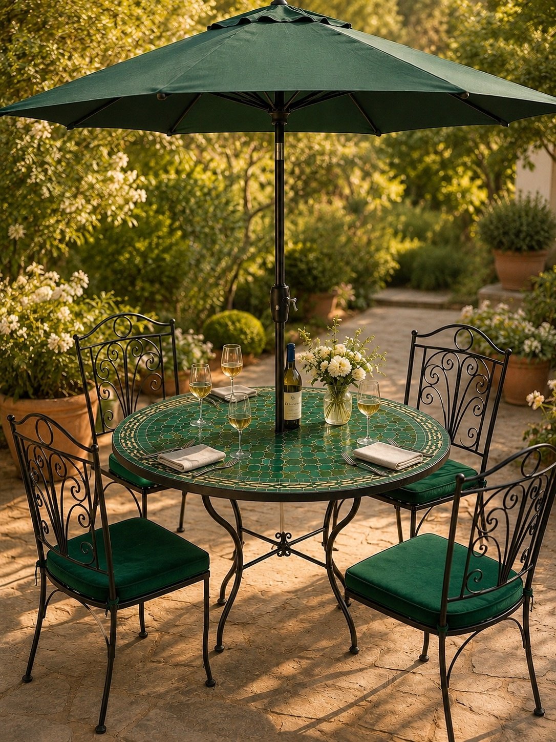 Handmade Moroccan mosaic garden table with geometric zellige pattern