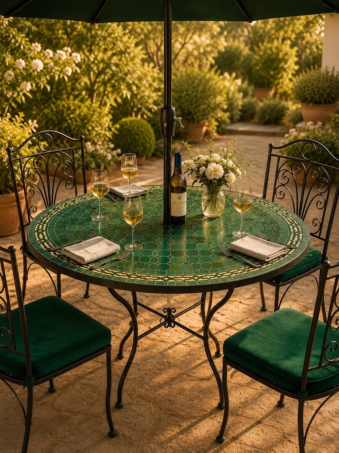 Mosaic Outdoor Table with Wrought Iron Chairs | Green table mosaic - Image 4
