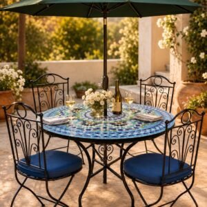 Moroccan patio table and chairs set for terrace outdoor dining.
