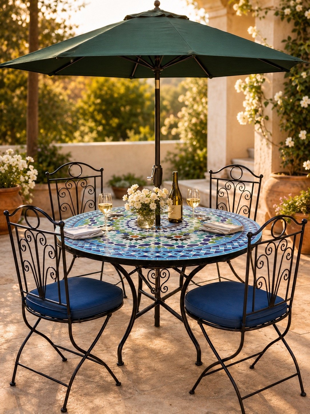 Moroccan patio table and chairs set for terrace outdoor dining.