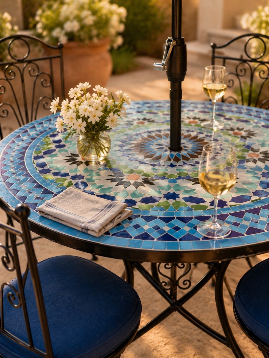Outdoor Moroccan mosaic bistro table with chairs