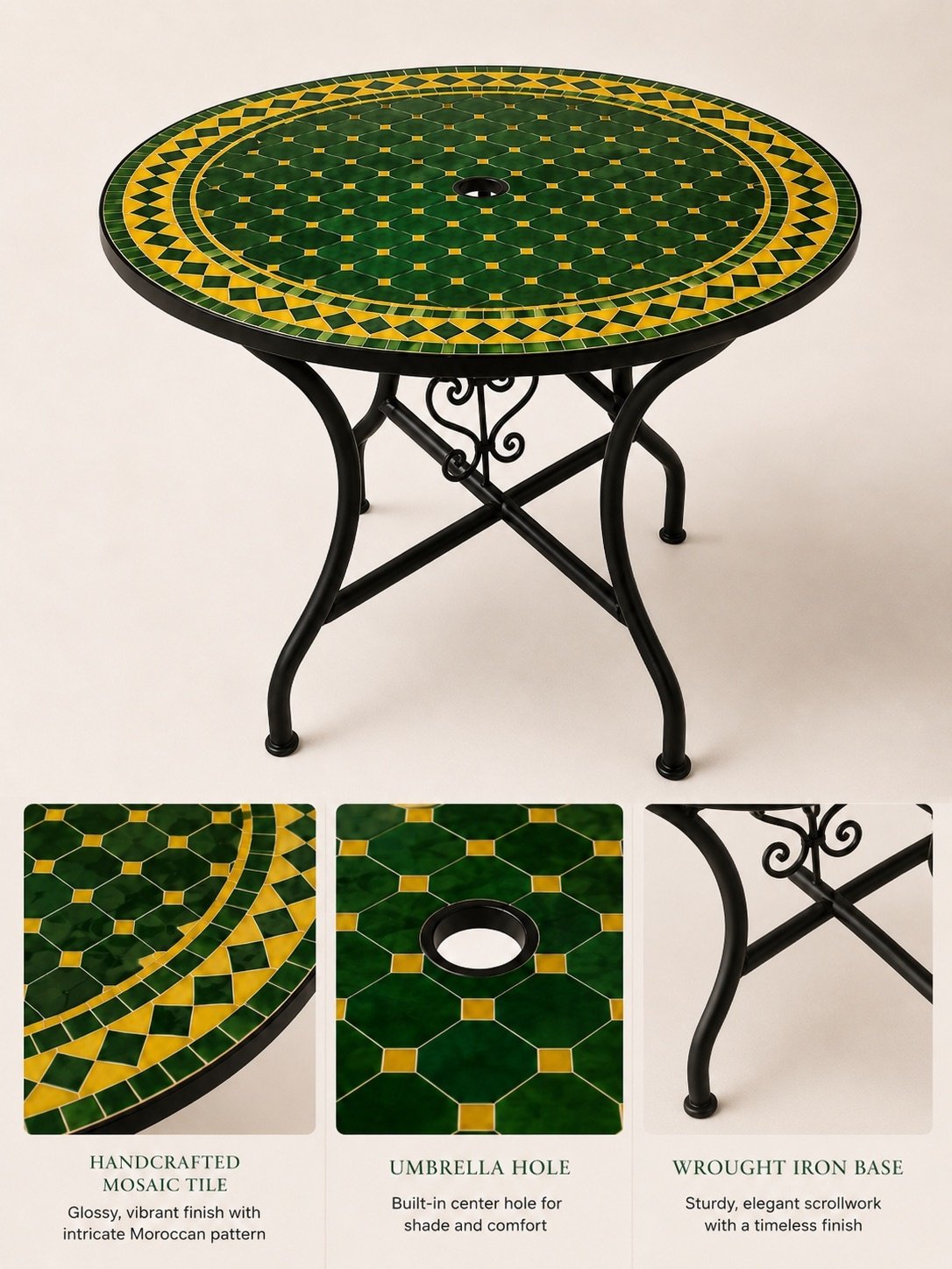Mosaic Outdoor Table, Emerald Green Table, Green Mosaic Table, Moroccan Mosaic Table, Zellige Mosaic Table, Mosaic Tile Tabletop, Green Tile Table, Intricate Mosaic Design, Indoor Outdoor Table, Outdoor Mosaic Table, Garden Mosaic Table, Patio Mosaic Table, Poolside Mosaic Table, Custom Mosaic Table, Customizable Mosaic Table, Handmade Mosaic Table, Handmade Green Table, Rectangular Mosaic Table, Green Rectangular Table, Moroccan Zellige Table, Moroccan Zellije Table, Outdoor Indoor Furniture, Green Rustic Table, Rustic Mosaic Table, Colorful Zellij Table, Round Mosaic Table, Round Patio Table, Garden Patio Table, Outdoor Coffee Table, Mosaic Coffee Table, Outdoor Side Table, Mosaic Side Table, Mosaic Table Art, Bespoke Mosaic Table, Large Mosaic Table, Rectangular Dining Table, Custom Dining Table, Custom Tiled Top, Tiled Table Top, Modern Home Table, Tiled Coffee Table, Outdoor Patio Table, Moroccan Patio Table, Handmade Tile Table, Tile Top Table, Terrace Mosaic Table, Boho Patio Furniture, Housewarming Gift Table, Mosaic Dining Table, Moroccan Dining Table, Round Bistro Table, Outdoor Bistro Table, Garden Bistro Table, Outdoor Garden Furniture, Coastal Color Scheme, Black Hairpin Legs, Marine Varnish Finish, Weatherproof Outdoor Table