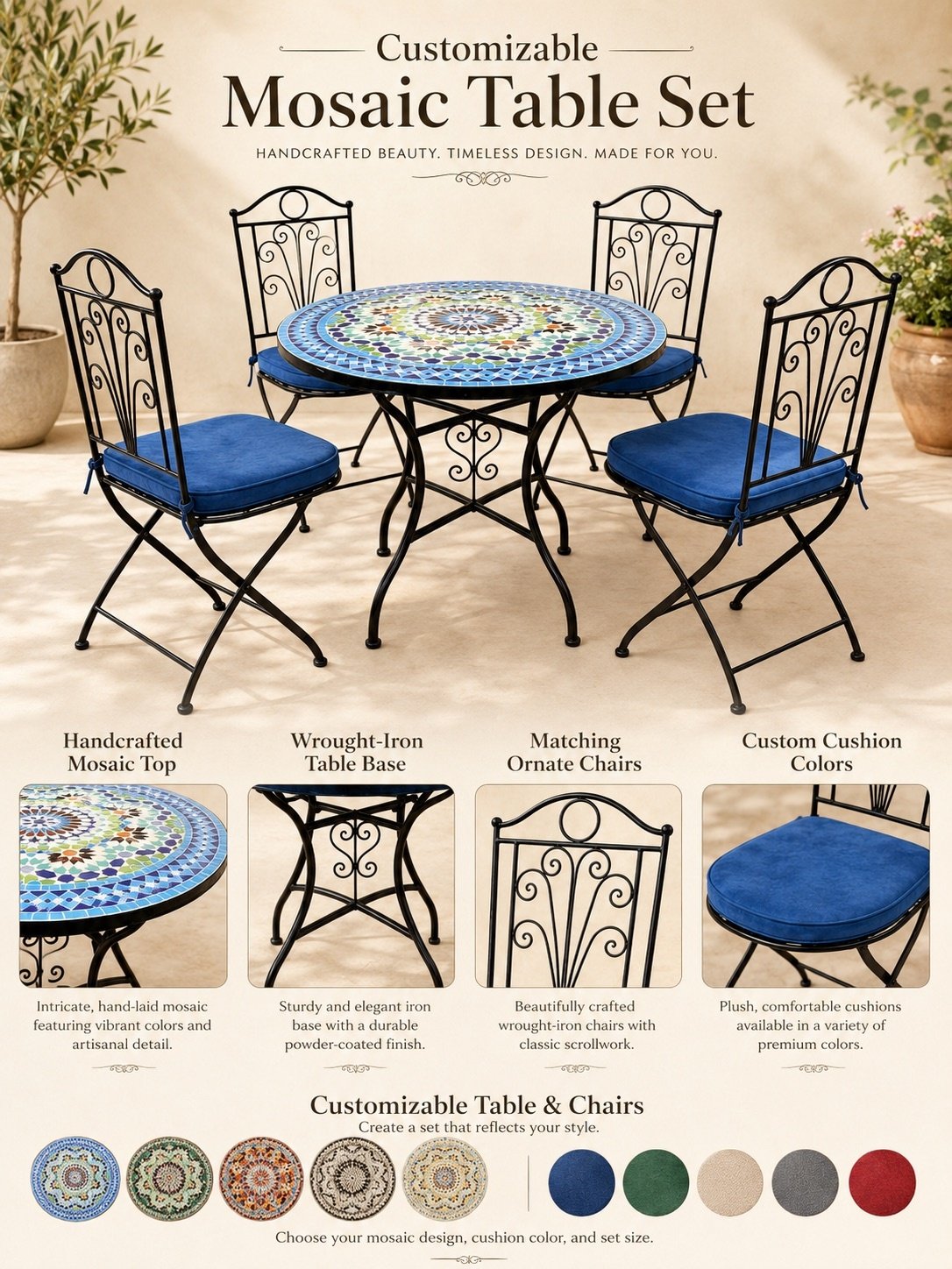 Moroccan patio table and chairs set for terrace outdoor dining.