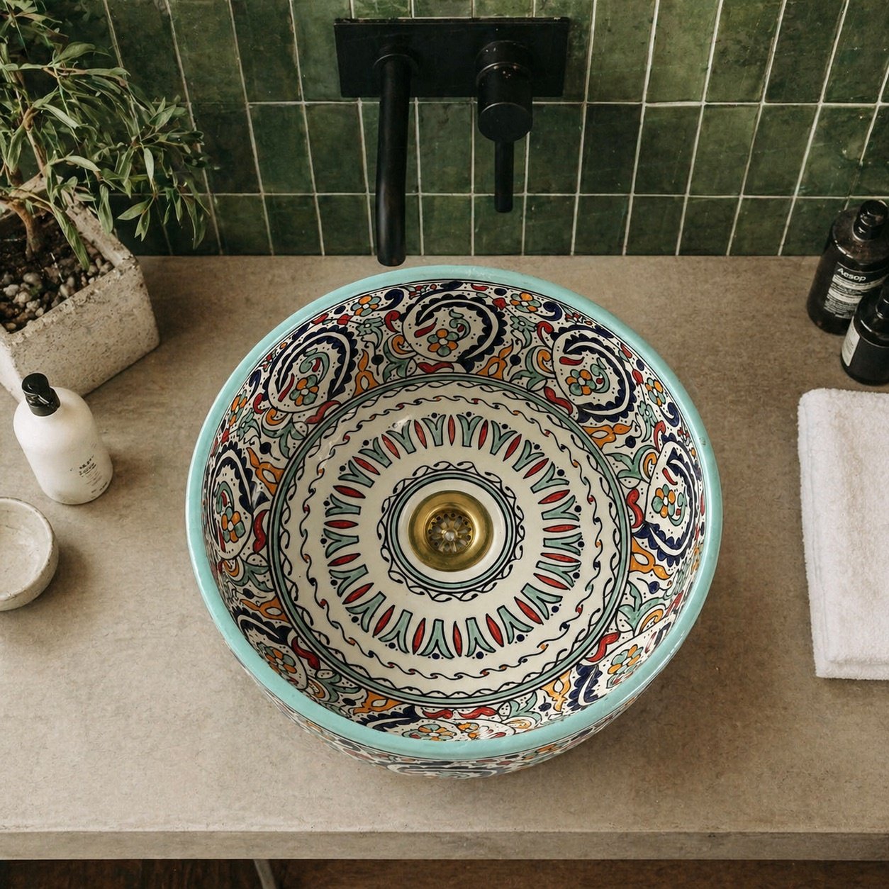 Handmade ceramic vessel sink with Moroccan pattern