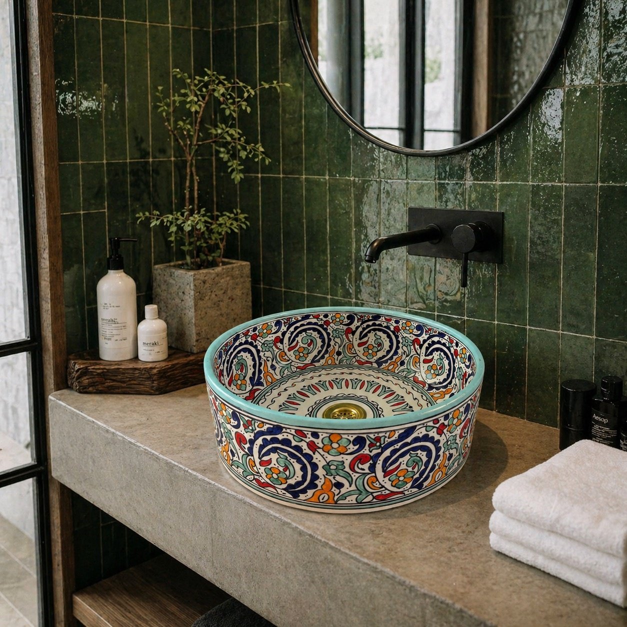 Round ceramic vessel sink with turquoise rim