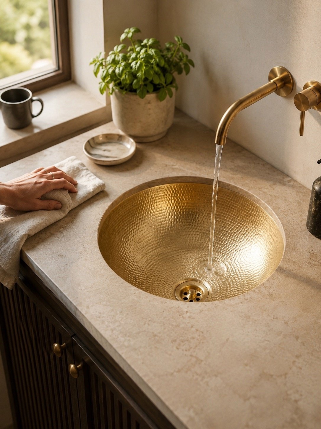 Handmade hammered copper sink with warm patina and artisan texture