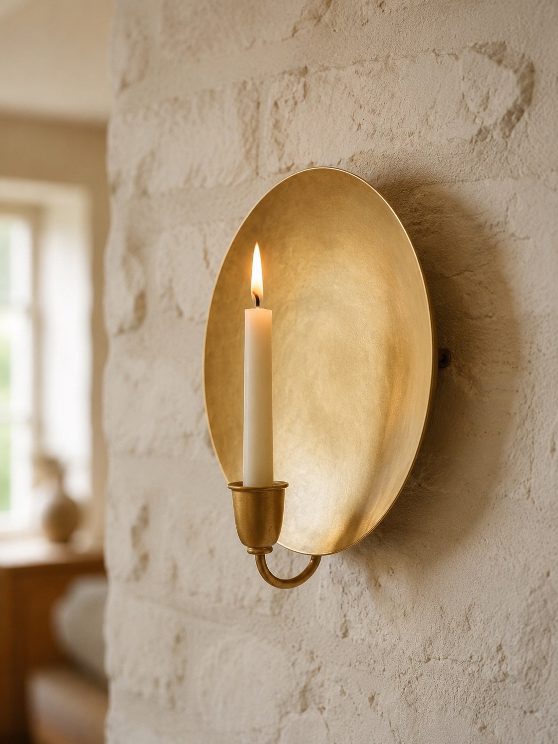Moroccan brass candle sconce styled in warm hallway wall decor