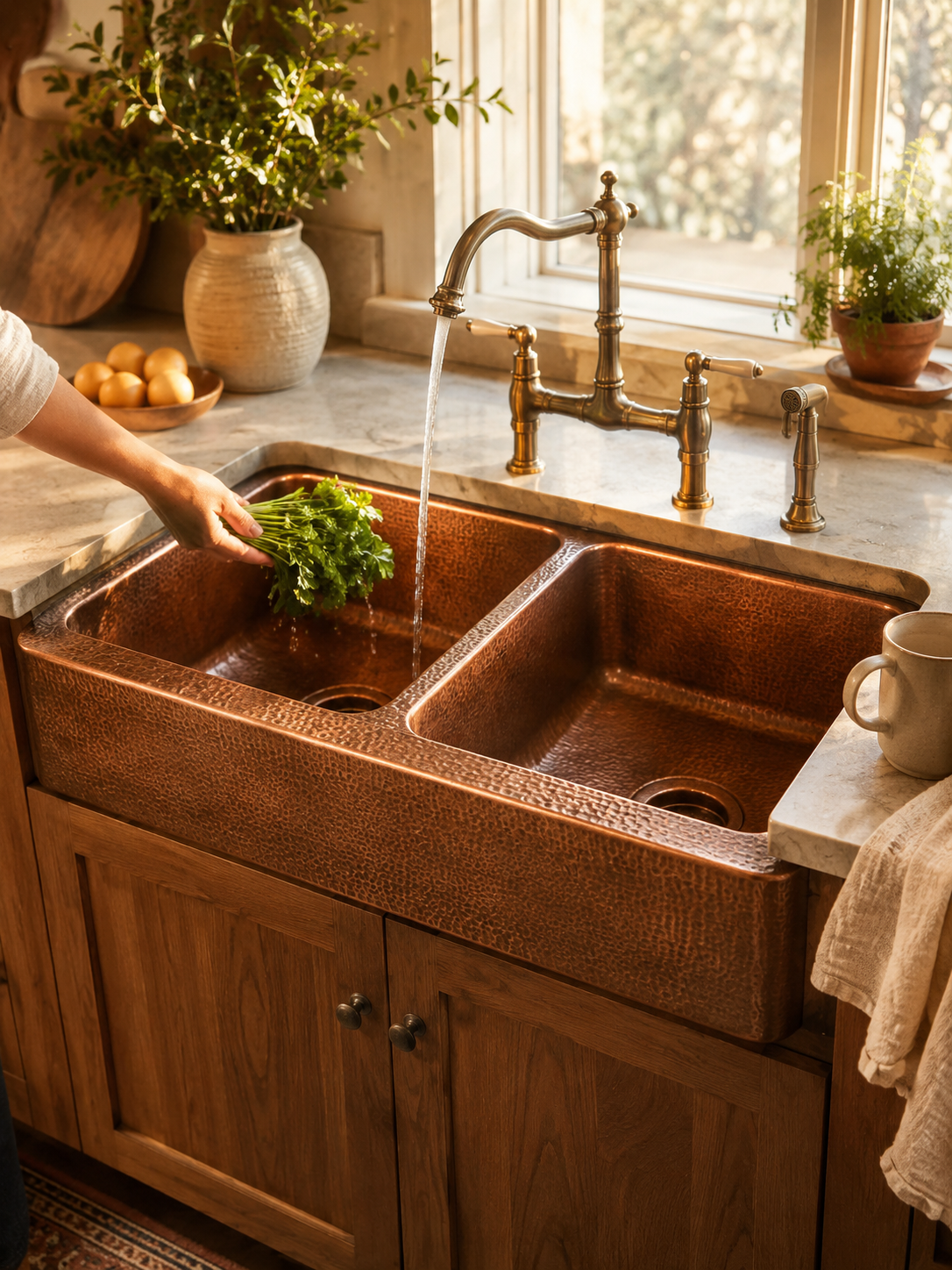 Hand Hammered Copper Farmhouse Sink – Double Basin Apron Front Kitchen Sink - Image 3