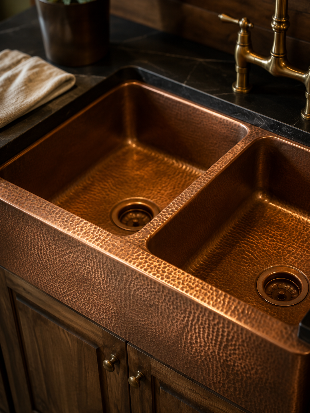 Hand Hammered Copper Farmhouse Sink – Double Basin Apron Front Kitchen Sink - Image 7