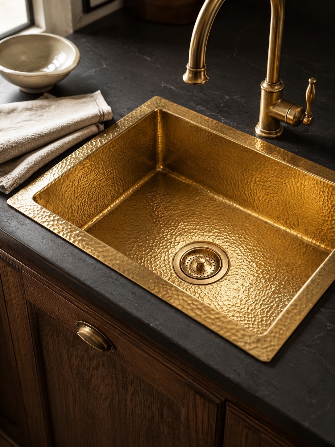 Handmade hammered brass bar sink in a compact kitchen counter
