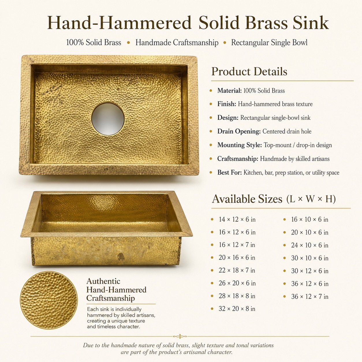 Hand Hammered Solid Brass Sink – Rectangular Drop In Single Bowl Sink - Image 6