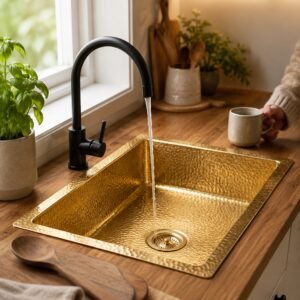 Hand hammered solid brass sink with rectangular single bowl design
