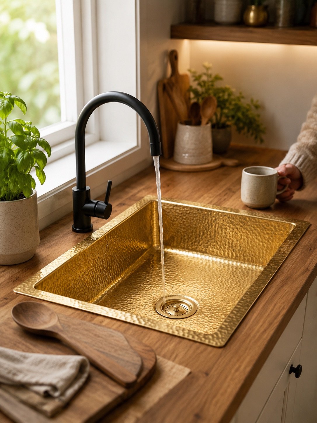 Hand hammered solid brass sink with rectangular single bowl design