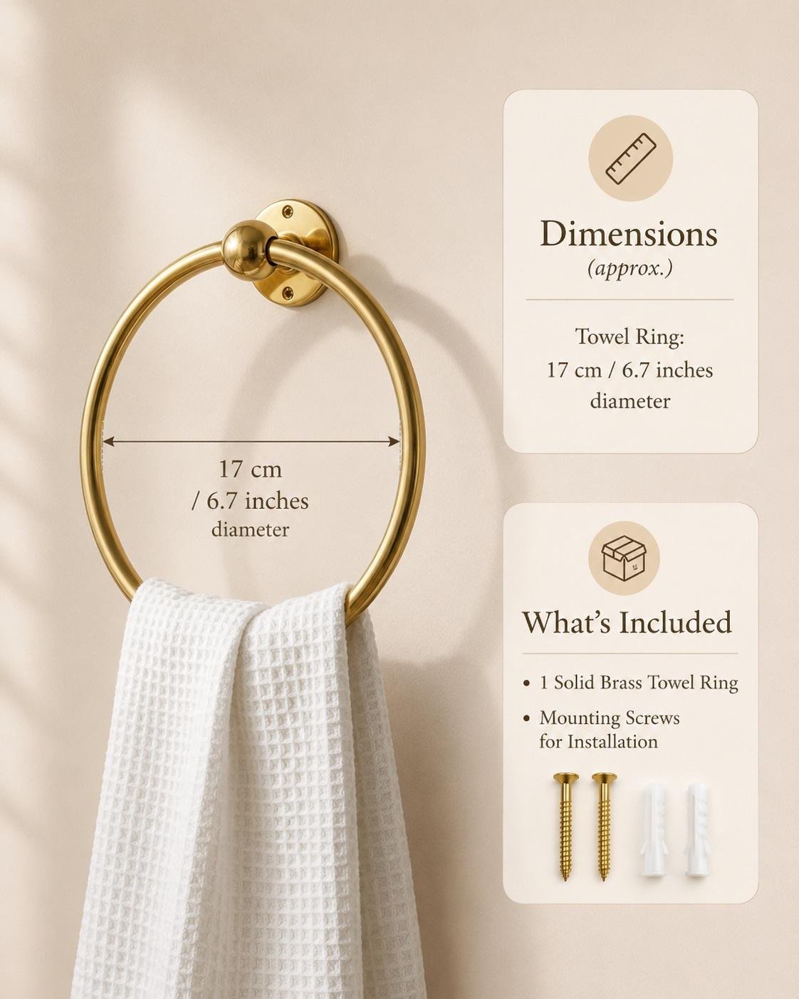 Solid Brass Towel Ring | Wall Mounted Gold Bathroom Hook, 17cm Diameter