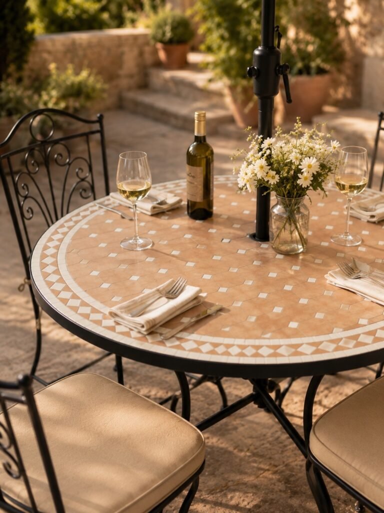 Round Moroccan mosaic patio table with colorful geometric tile detail