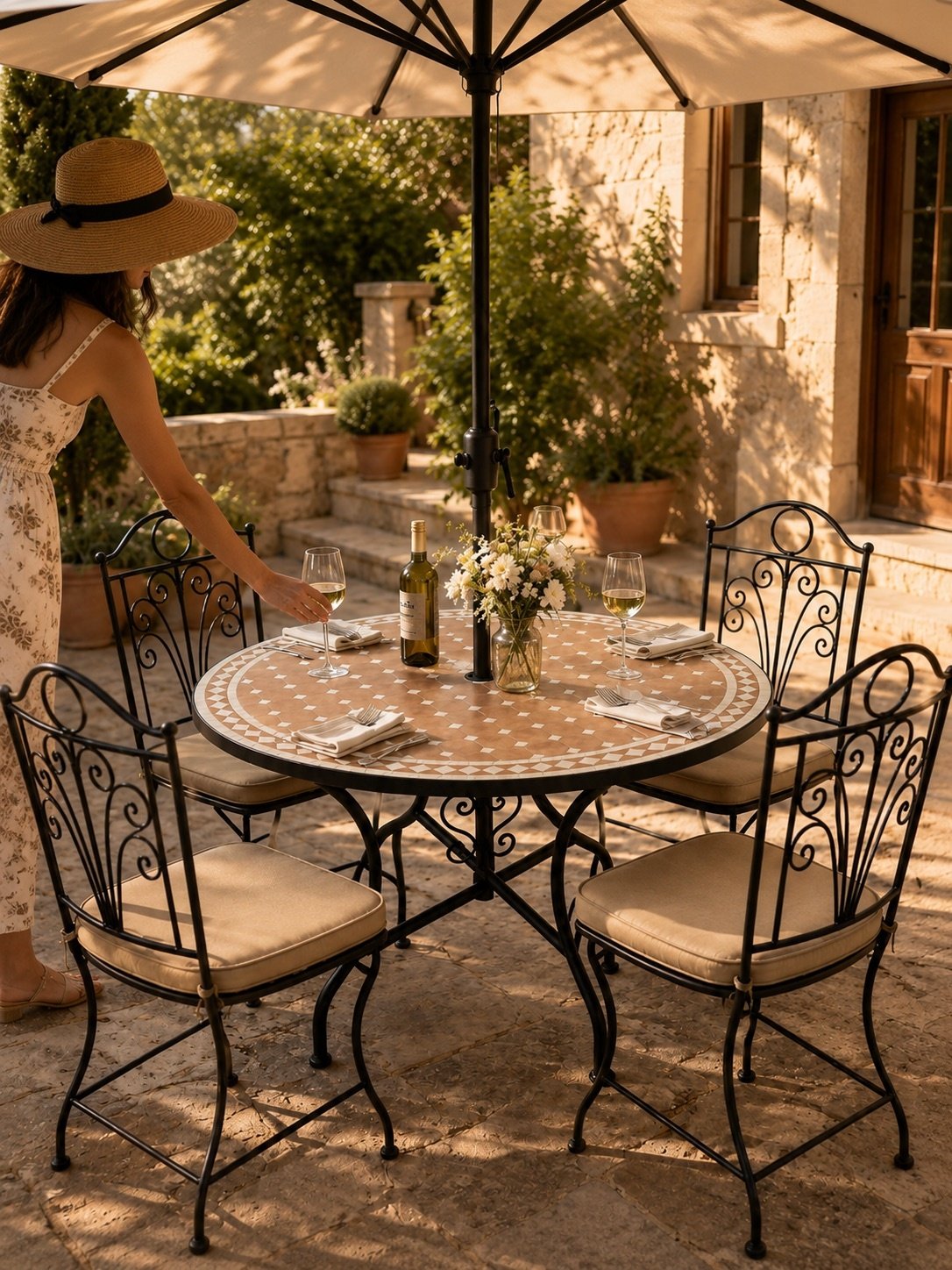 Balcony bistro set with mosaic table and two wrought iron chairs.