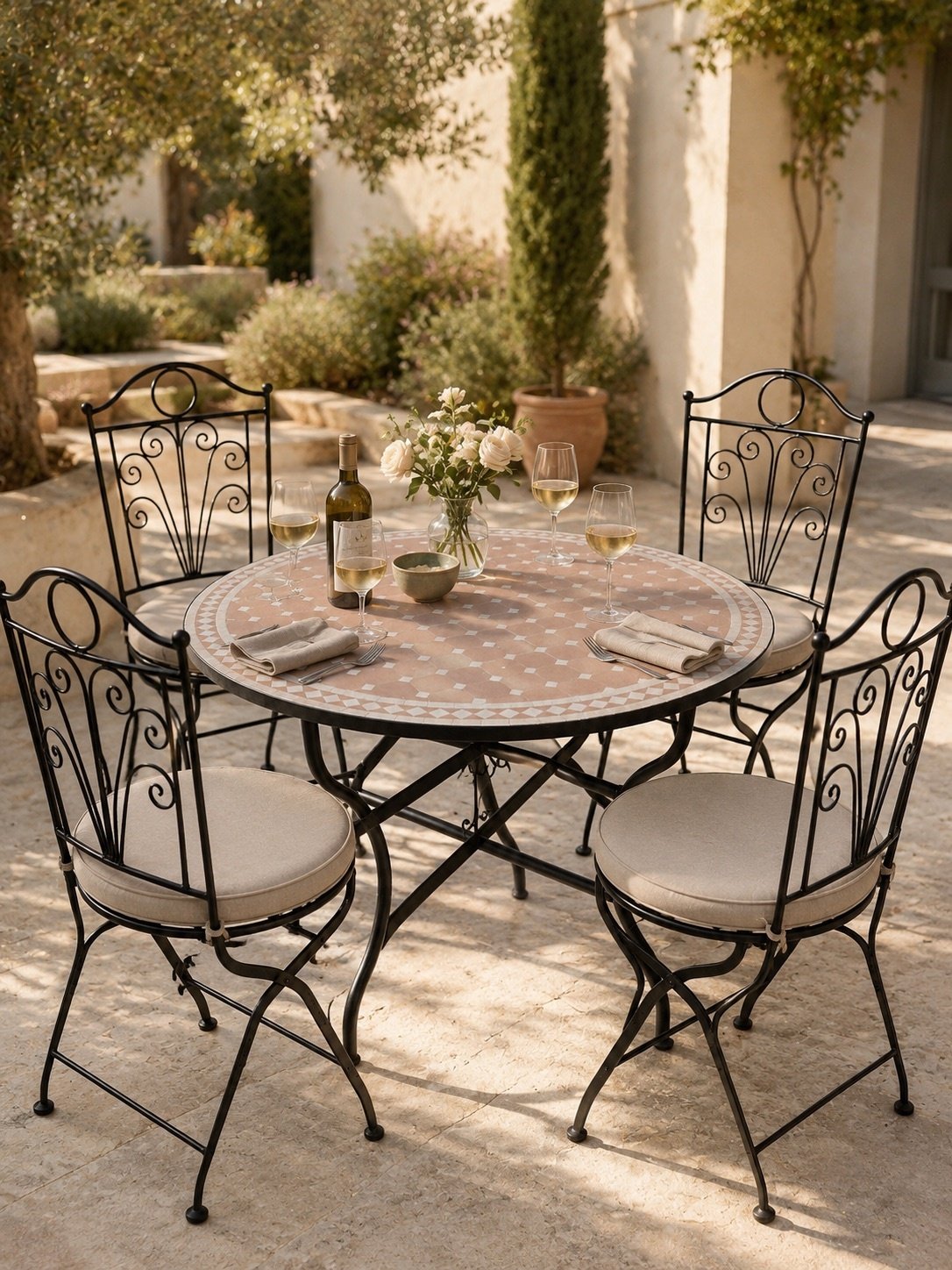 Round mosaic garden table sized for four chairs on a patio