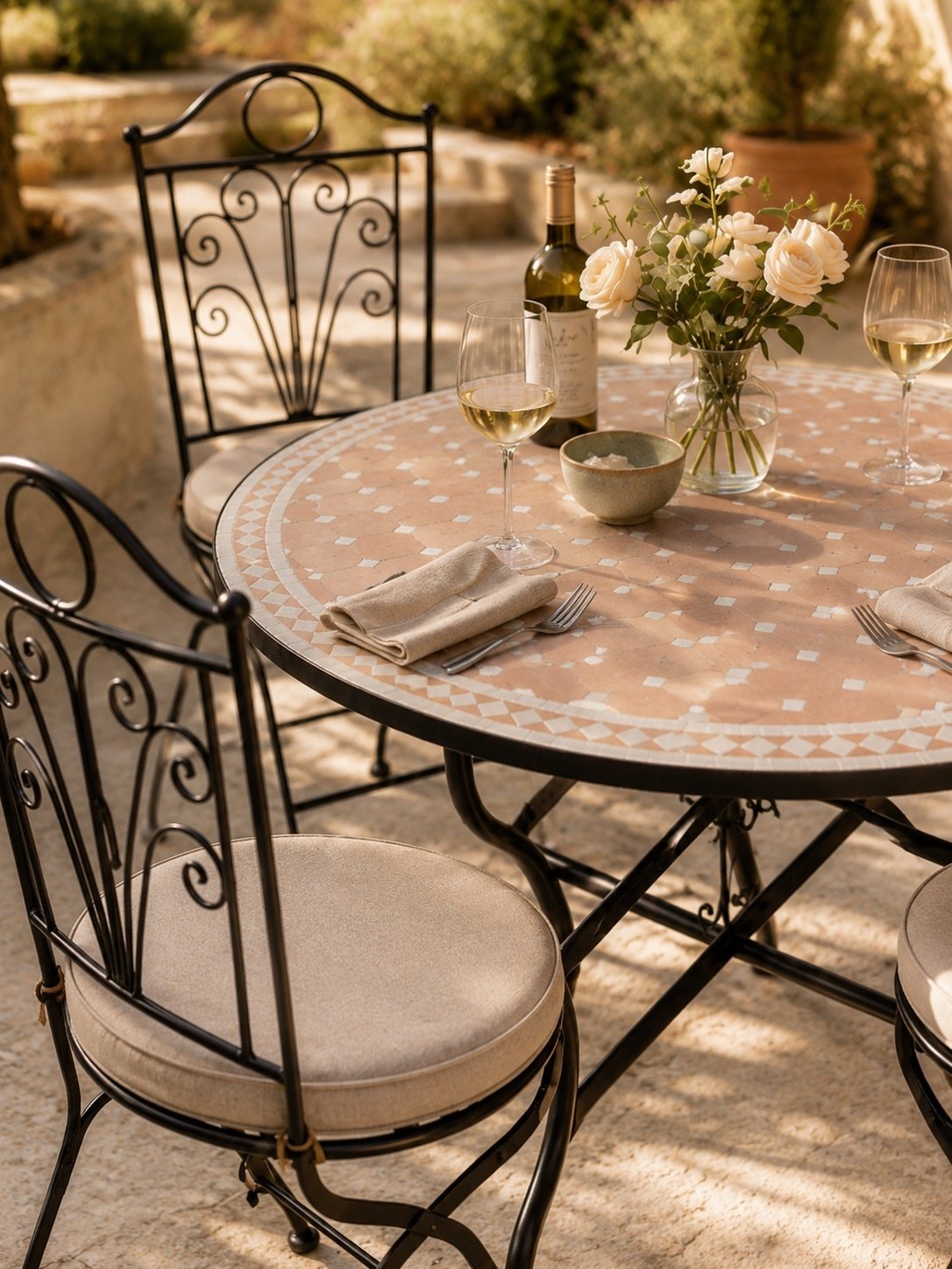 Round outdoor bistro table with center umbrella hole.