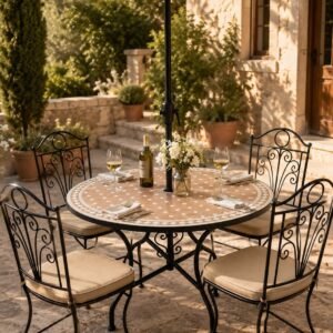 Outdoor bistro set with handmade mosaic patio table and wrought iron chairs.