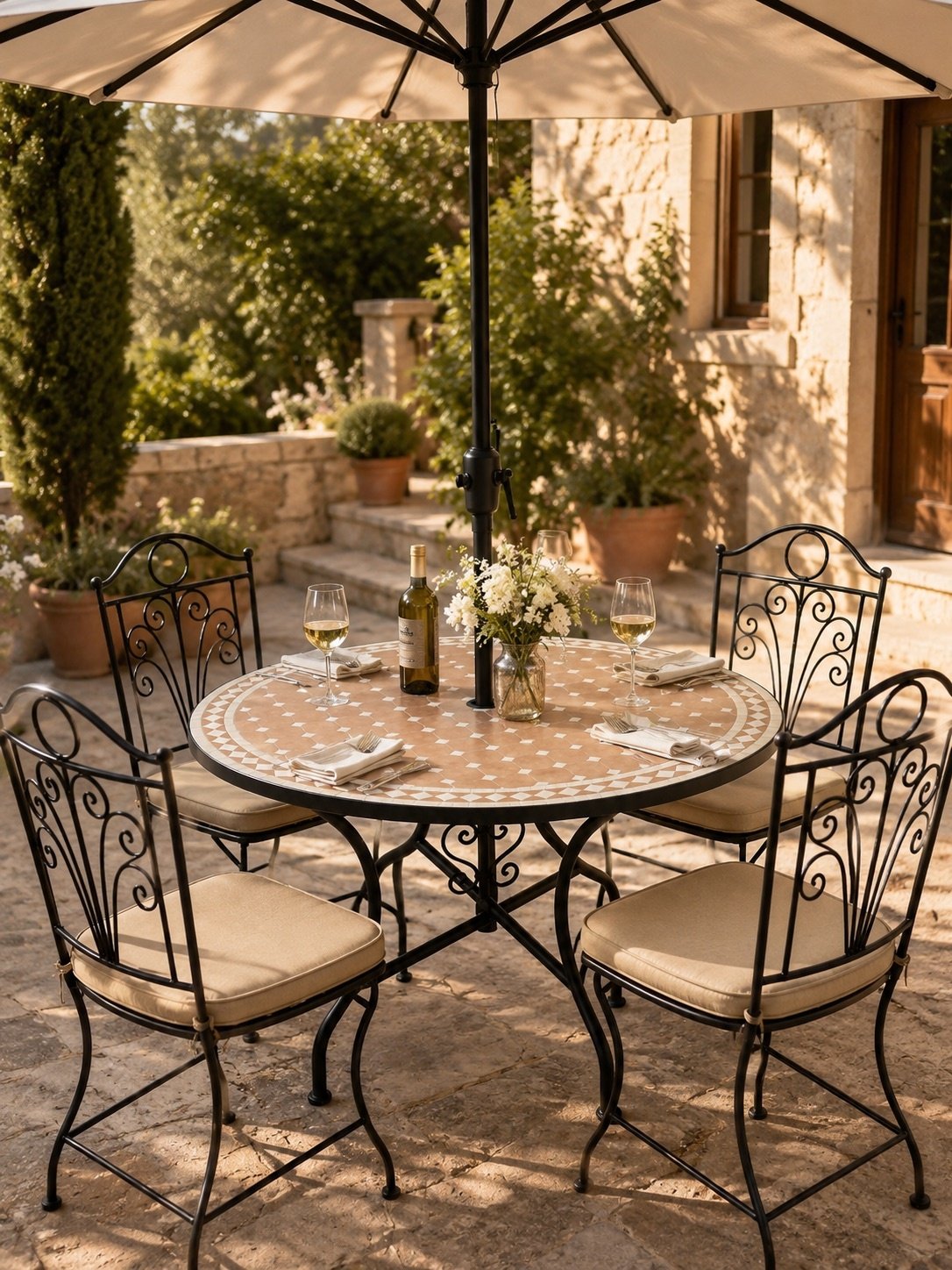 Outdoor bistro set with handmade mosaic patio table and wrought iron chairs.