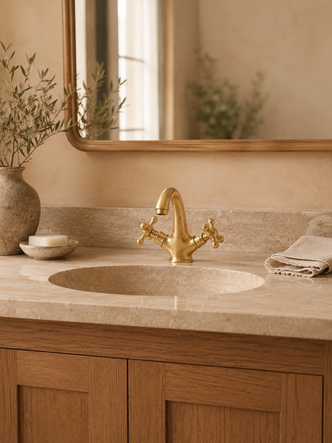 Unlacquered Brass Bathroom Faucet with Cross Handles - Image 2