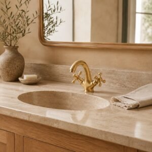 Unlacquered brass bathroom faucet with cross handles installed on a white vanity sink