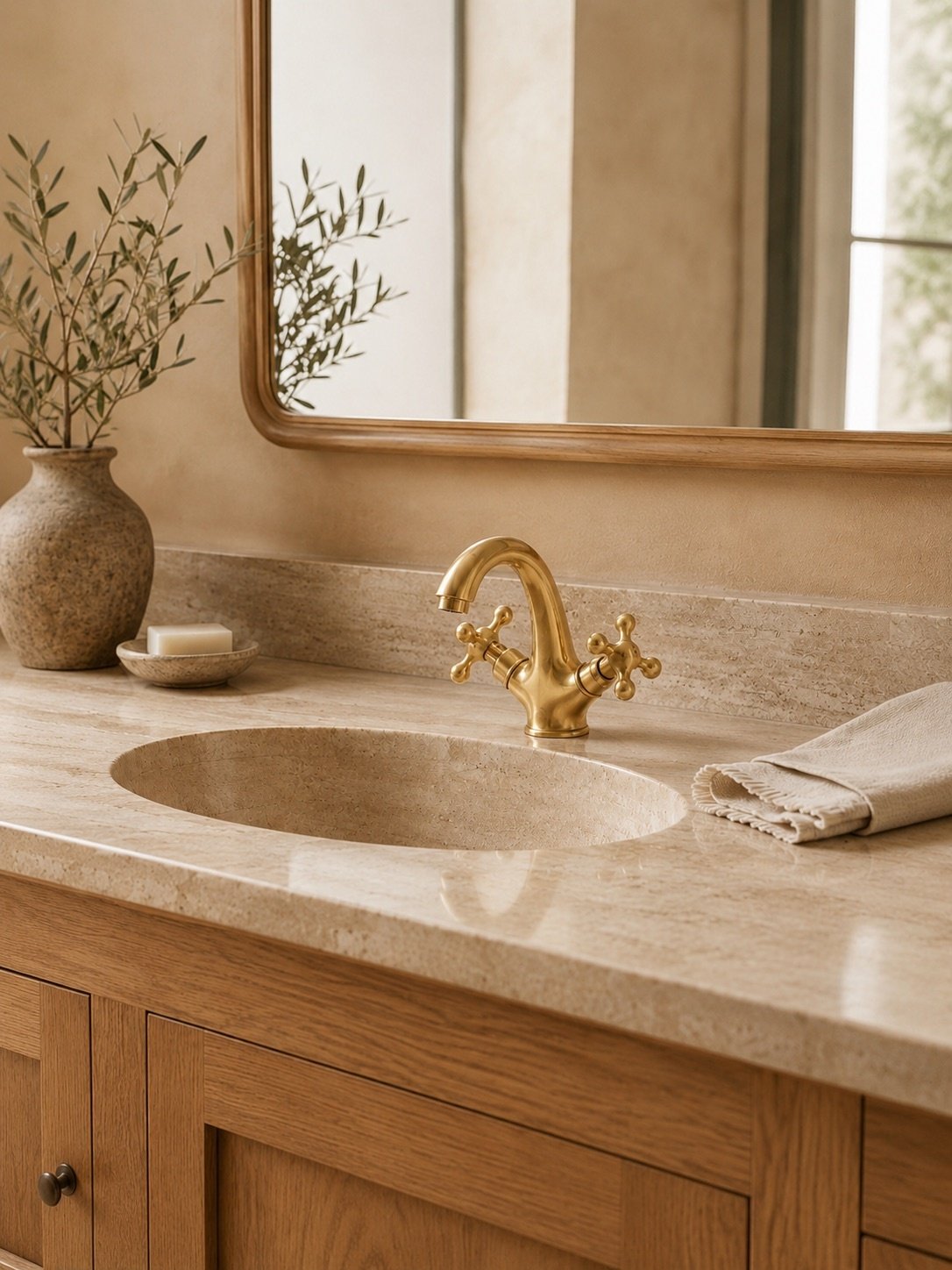 Unlacquered brass bathroom faucet with cross handles installed on a white vanity sink