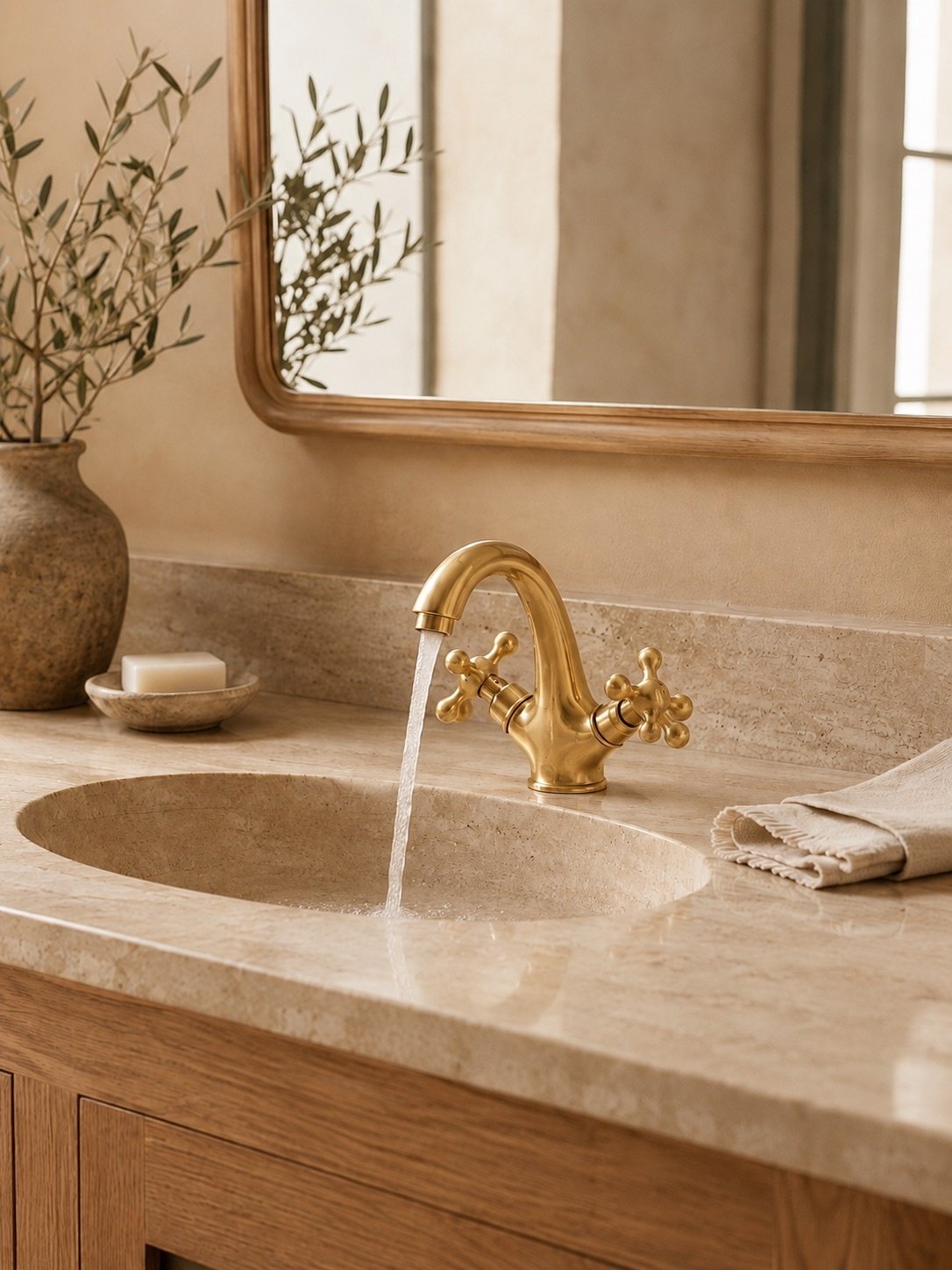 Unlacquered Brass Bathroom Faucet with Cross Handles - Image 5