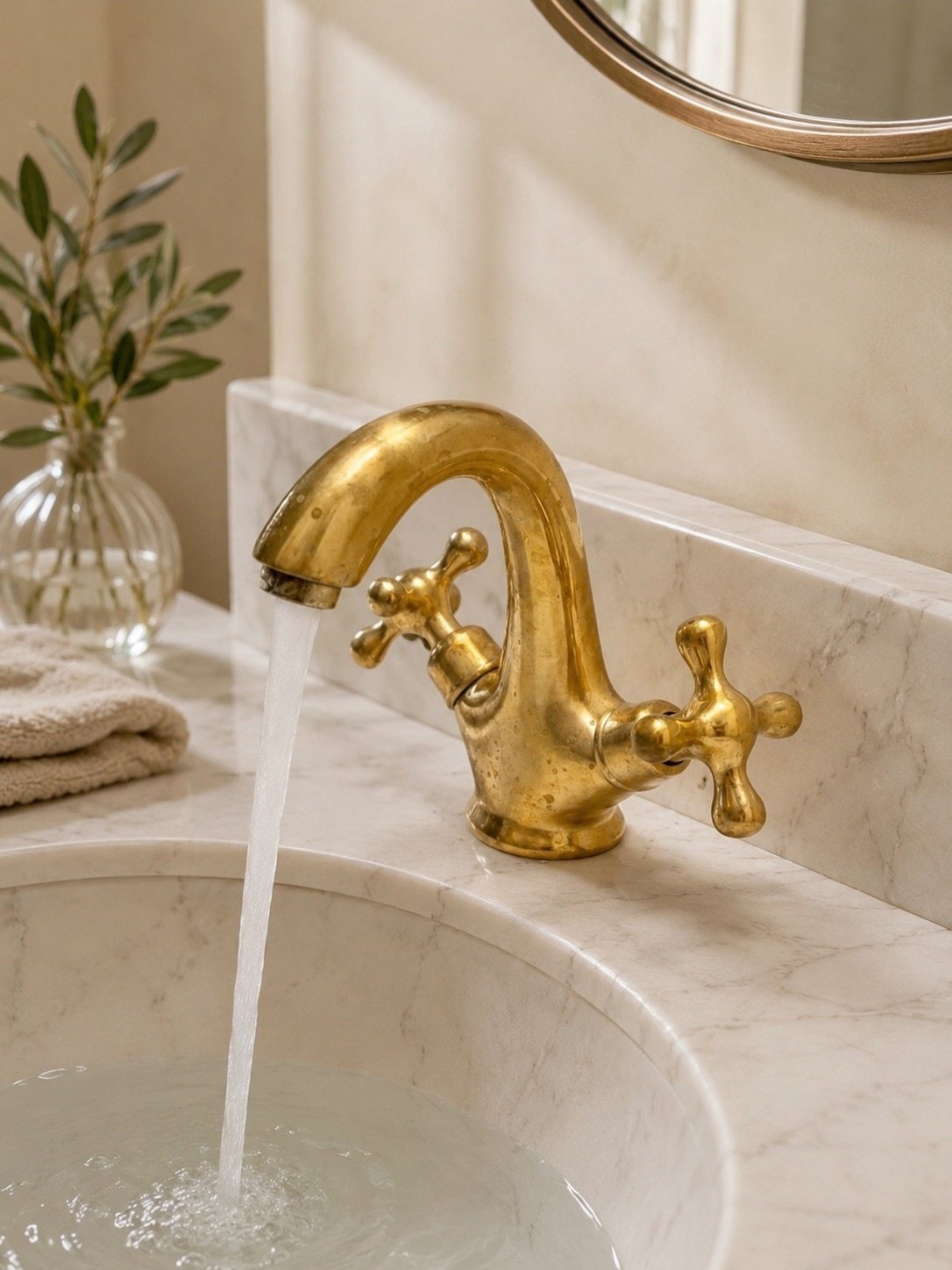 Unlacquered Brass Bathroom Faucet with Cross Handles - Image 8