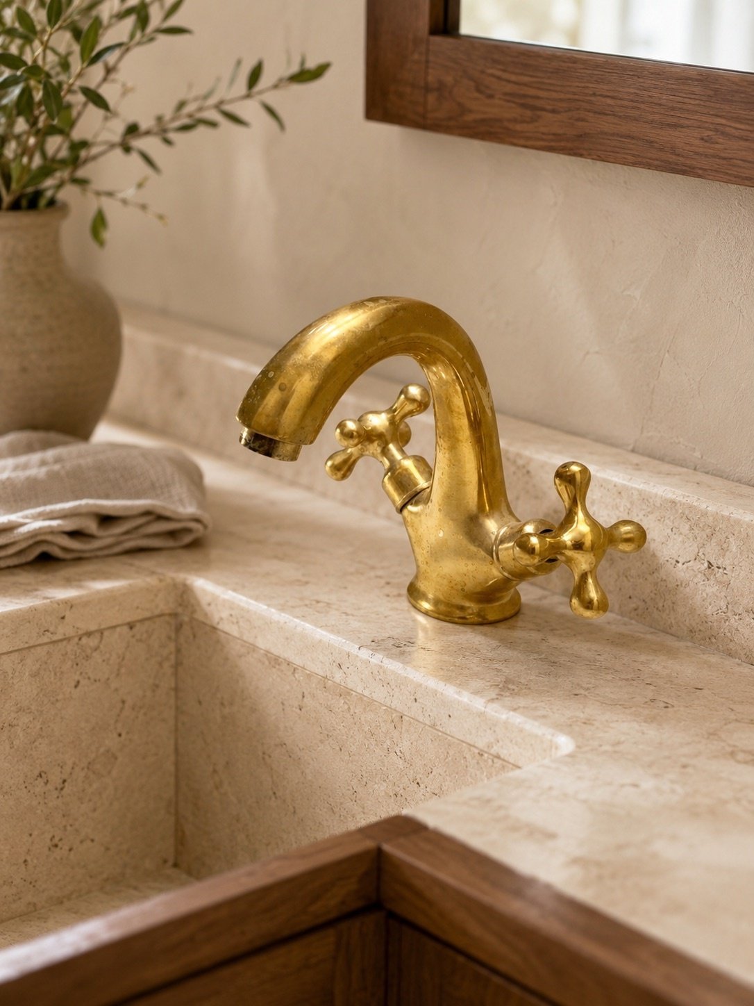 Unlacquered Brass Bathroom Faucet with Cross Handles - Image 7
