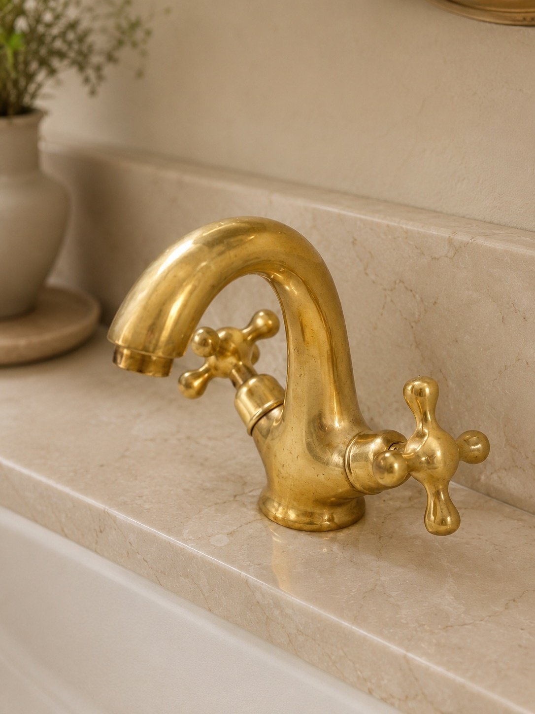 Unlacquered Brass Bathroom Faucet with Cross Handles - Image 9