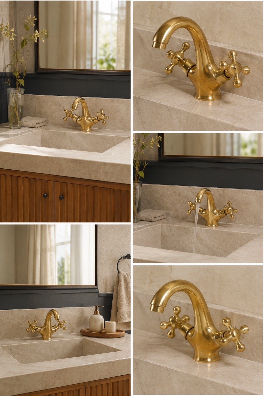 Unlacquered Brass Bathroom Faucet with Cross Handles - Image 3