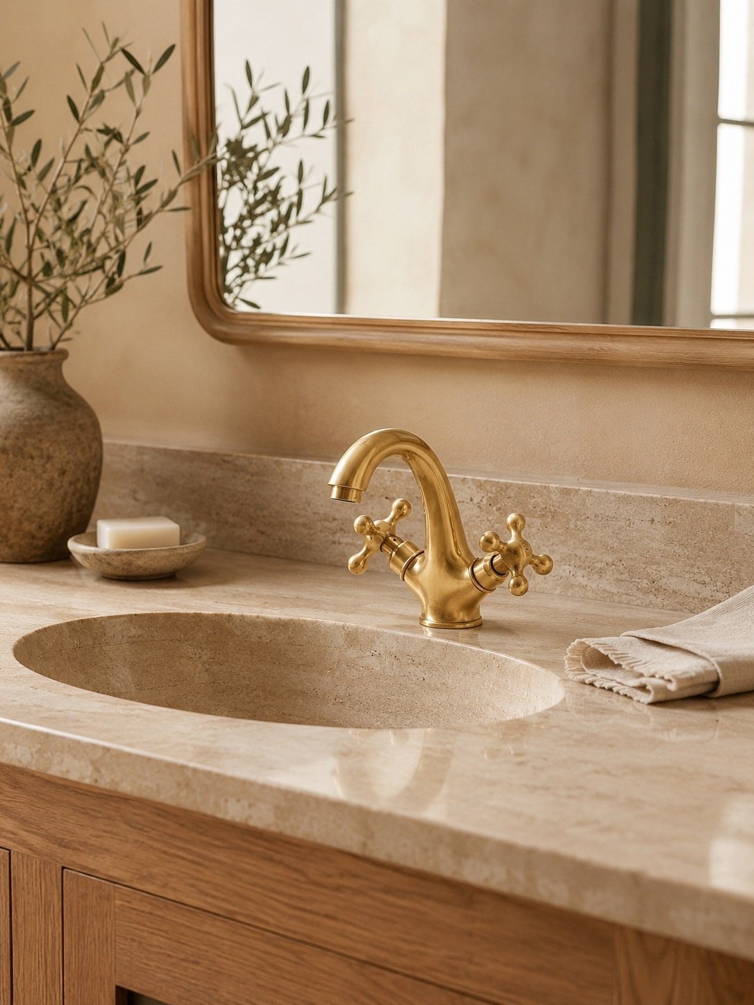 Unlacquered Brass Bathroom Faucet with Cross Handles - Image 4