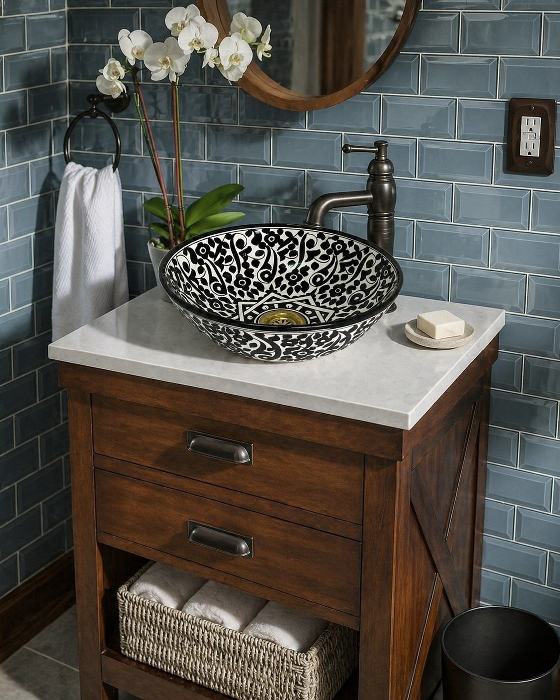 Ceramic Vessel Sink Black White Handmade Moroccan Bathroom Sink - Image 5
