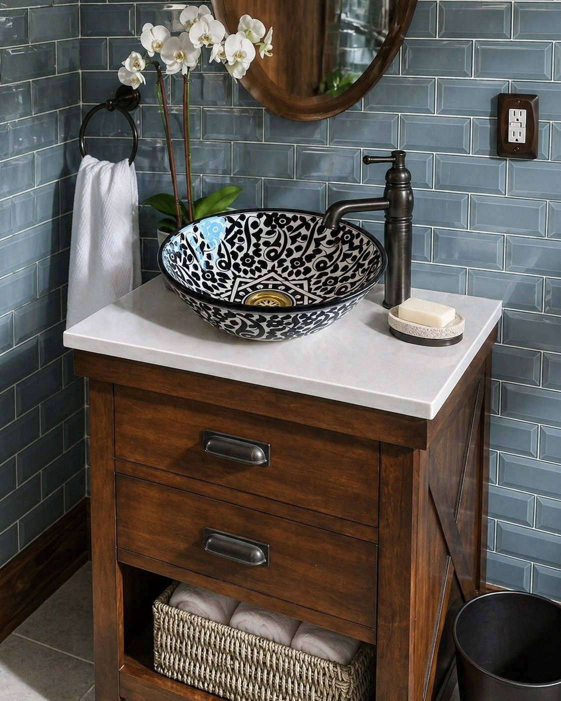 Black and white ceramic vessel sink installed on wooden bathroom vanity