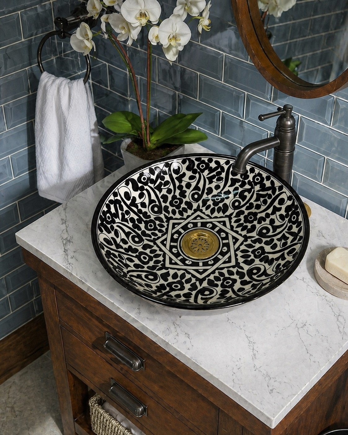 Ceramic Vessel Sink Black White Handmade Moroccan Bathroom Sink - Image 7