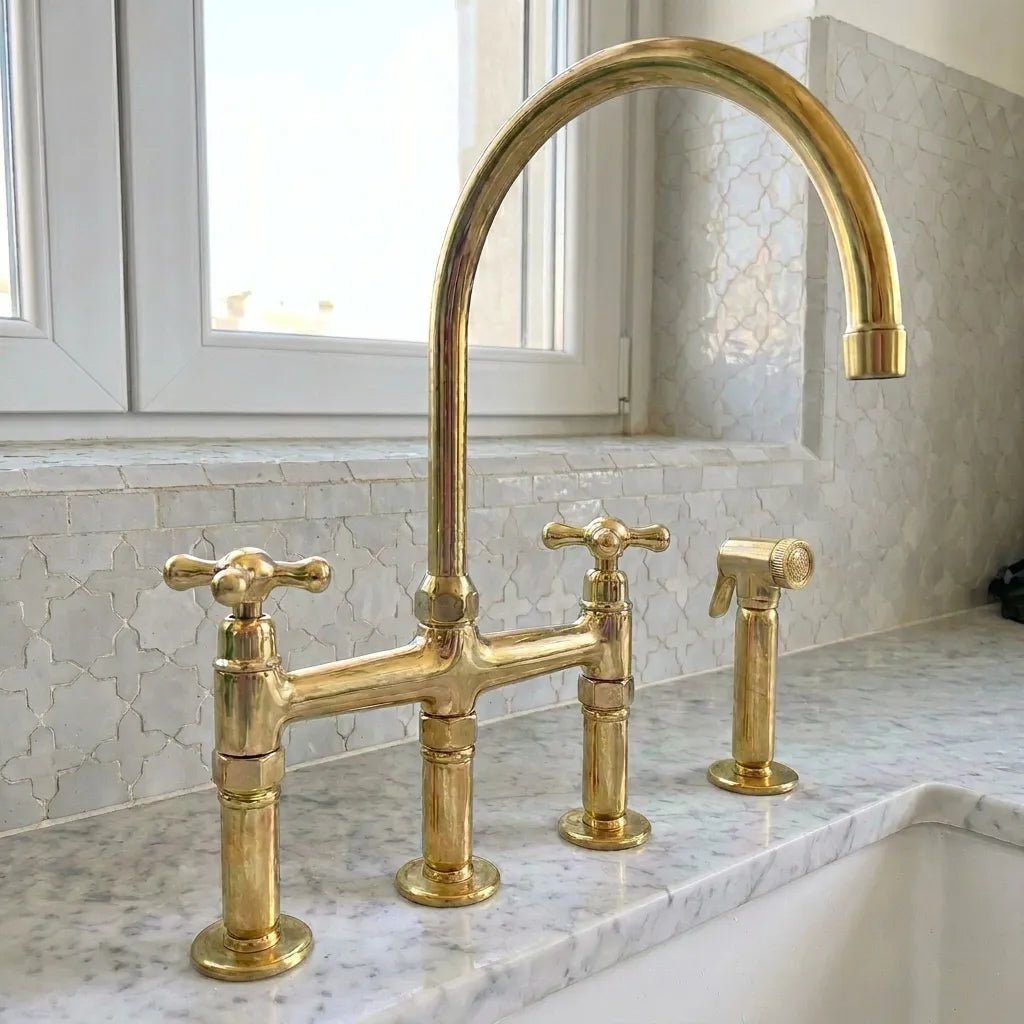 Unlacquered Brass Three-Hole Bridge Kitchen Faucet with Side Sprayer