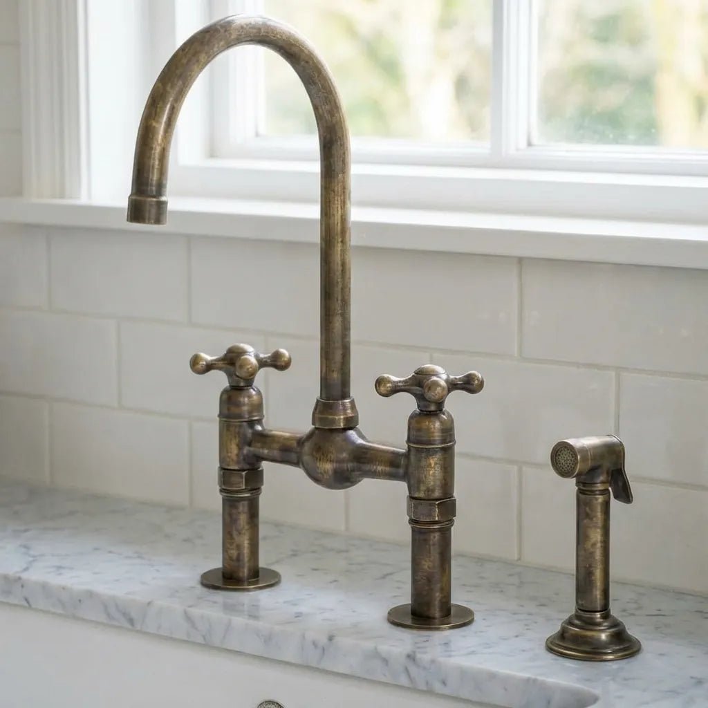 Handmade Antique Brass Gooseneck Bridge Kitchen Faucet - Image 3