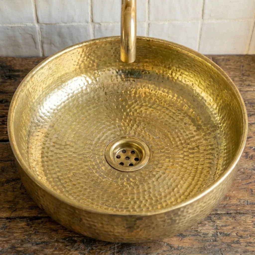 Hand-Hammered Unlacquered Brass Vessel Sink – Round Artisan Bathroom Basin - Image 5
