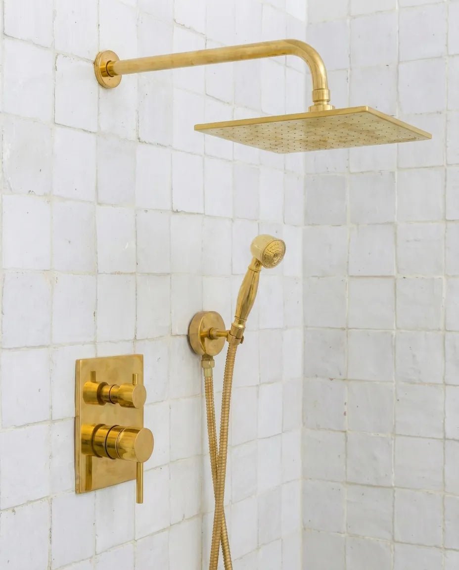 Luxury Unlacquered Brass Rain Shower System – Wall Mounted with Handheld Sprayer - Image 2