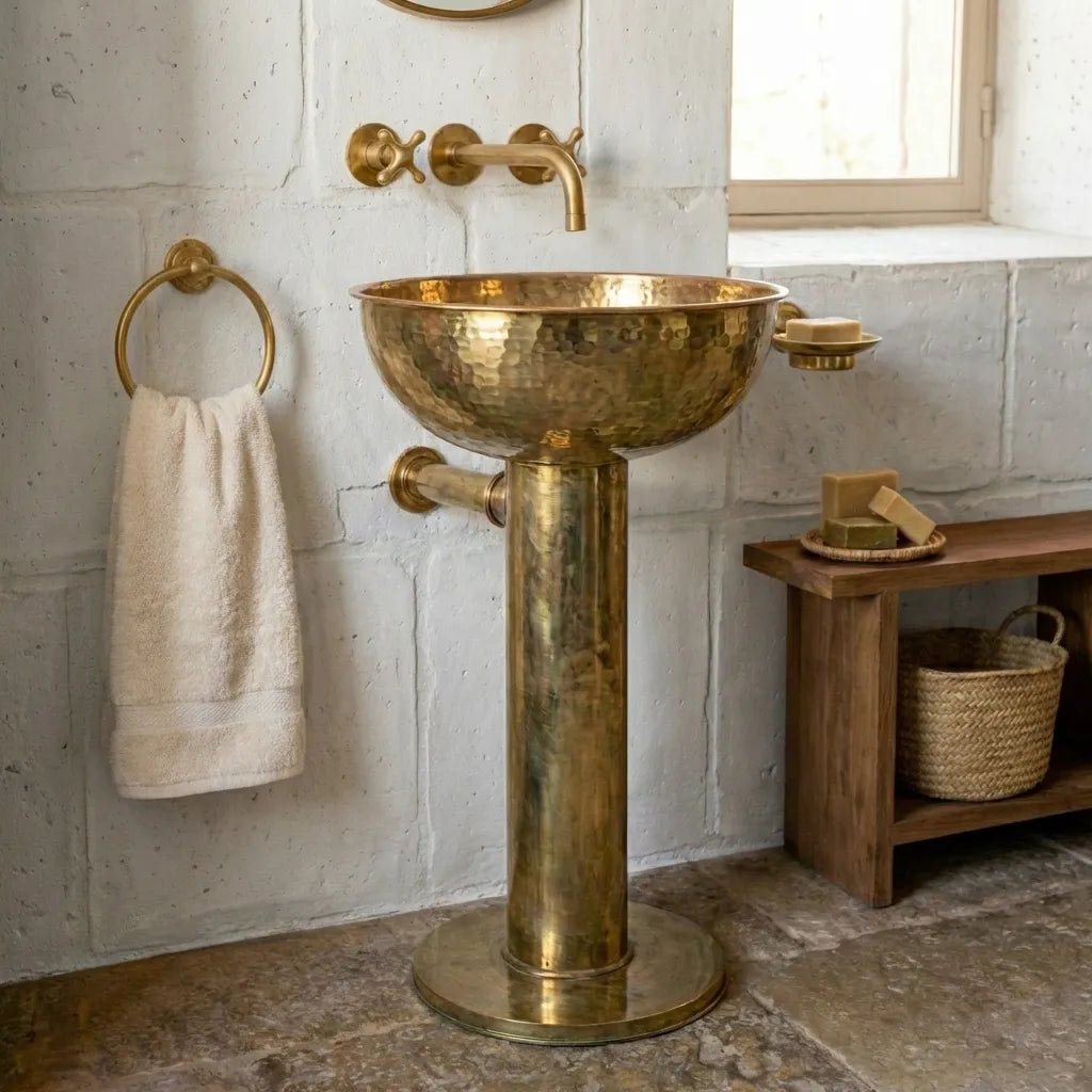 Handmade Hammered Unlacquered Brass Round Pedestal Sink - Image 4