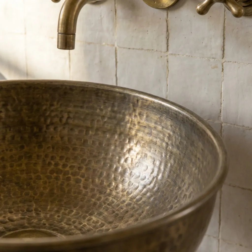 Vintage Hammered Patina Brass Pedestal Sink - Image 3