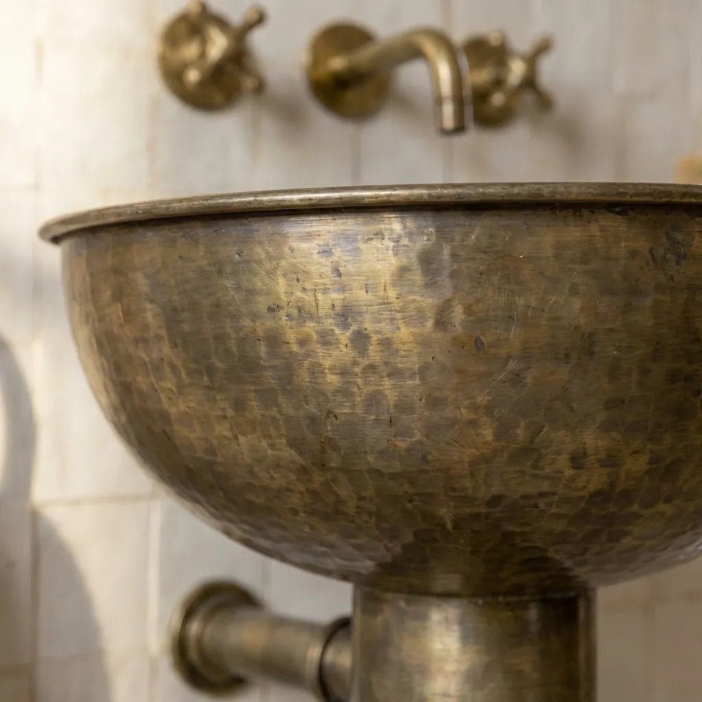 Vintage Hammered Patina Brass Pedestal Sink - Image 4